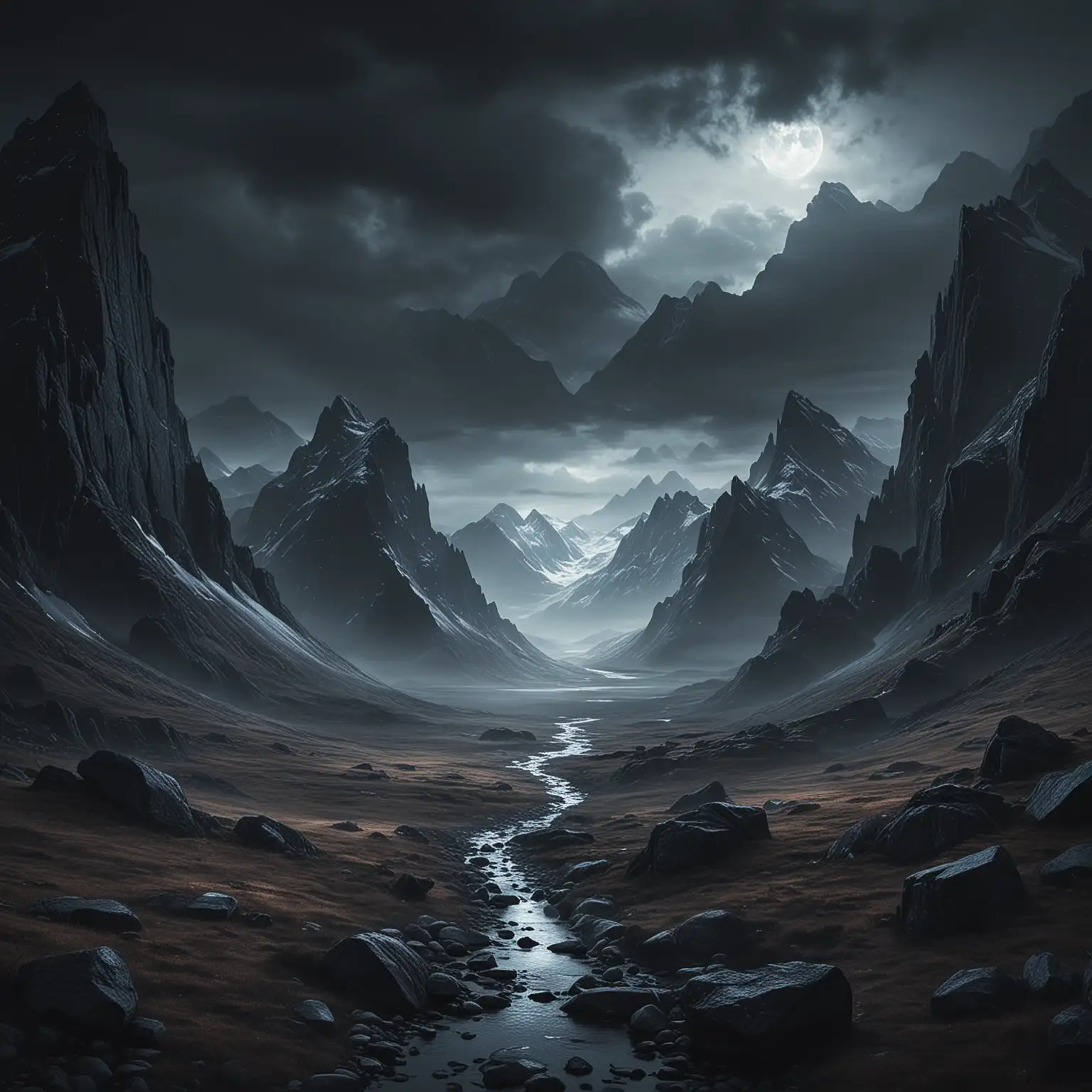 Mystical Dark Nordic Fantasy Landscape with Towering Mountains
