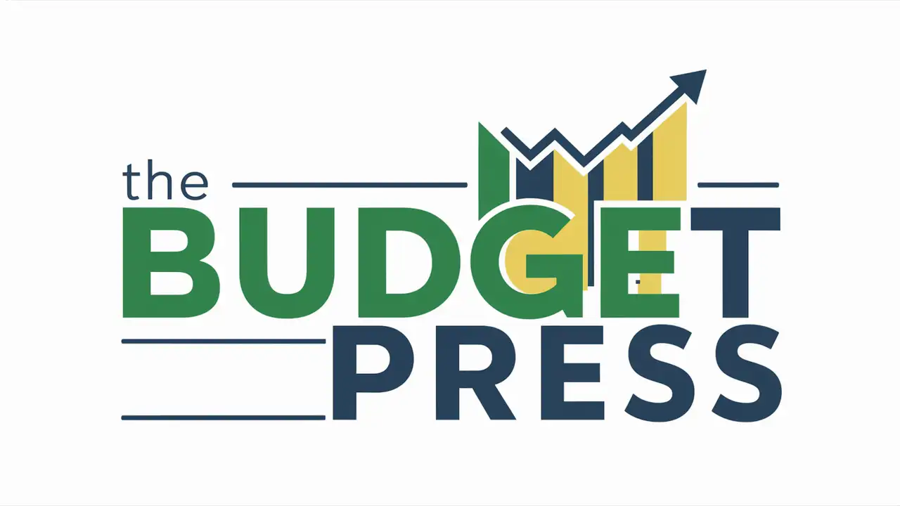 Create a flat vector, illustrative-style wordmark logo design for a financial empowerment channel named 'The Budget Press', where the letter 'S' in 'Press' is creatively designed to mimic a growing money graph. This design employs a vibrant palette of green for growth, blue for trust, and yellow for optimism against a white background.