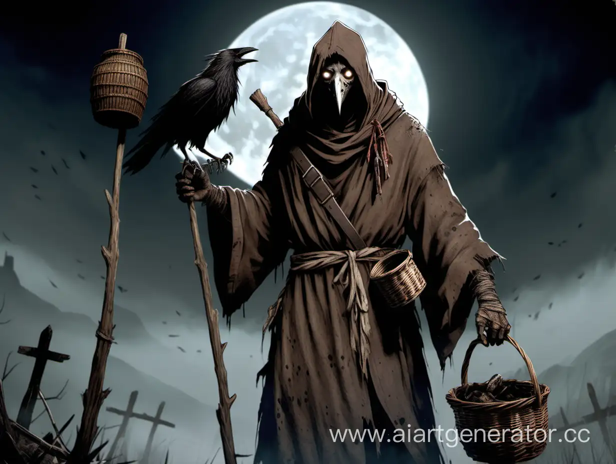 Hollow from dark souls face covered with rags in rugged brown robe with a flask on his belt and with a wicker basket on his back, in hand wooden staff with tribal charms. Near hollow two giant crows guarding him. Dead by Daylight.