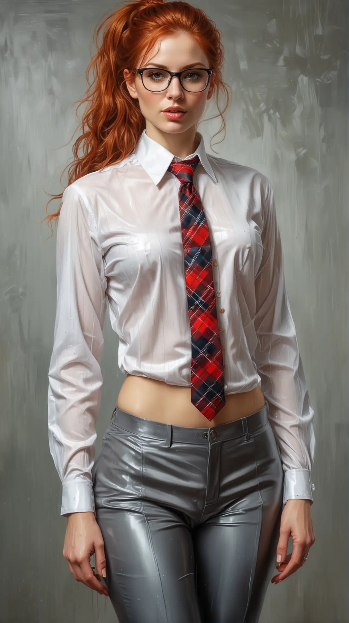 Subject: The central point of the painting is an elegant nacked woman with ample big breasts, exuding grace and sophistication.


Style/Colors: The painting is contemporary in style, with attention to detail in the texture and sheen of satin

Action: A woman in a stylized secretary

 Wears glasses and keep transparent latex leaky ball in hands

Costume/appearance: The shirt is entirely shiny wet oiled white satin, the Tartan tie hanging between the breasts is perfectly cut and emphasizes the girl's figure.  Tartan satin wavy long well fit pants
heavy ginger hair long ponytail

well lightet body in wet rain drops
