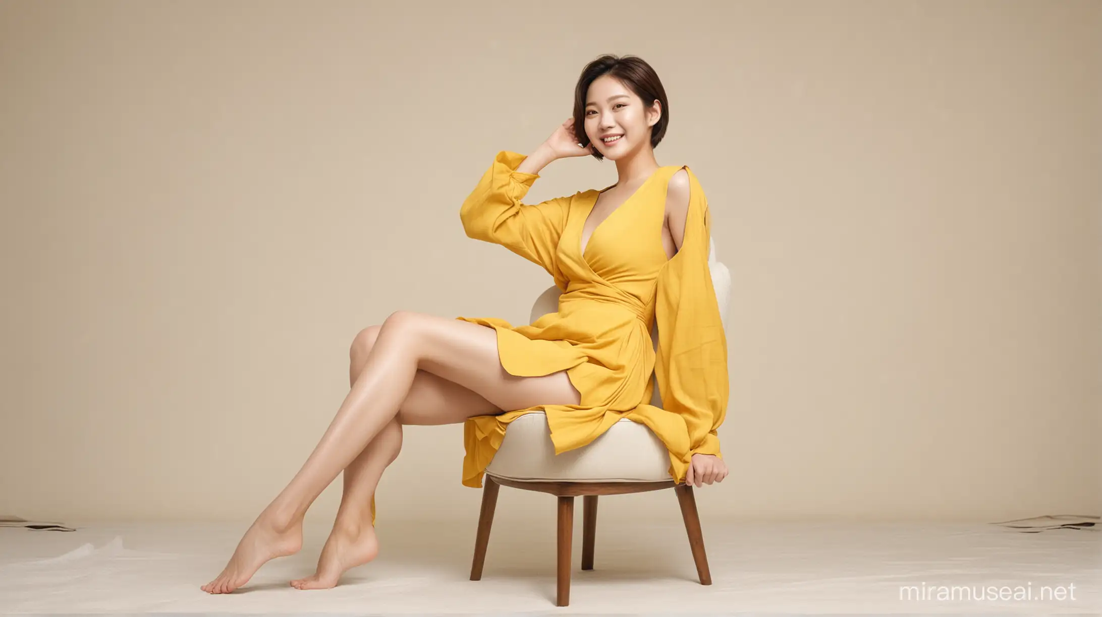 하얀색 배경의 방, 노란색 커튼, 다리를 벌리고 의자억 앉아 있는 여자, 누드, 알몸, 단발머리, 환한 웃음, 한국의 여배우 전지현을 닮음
