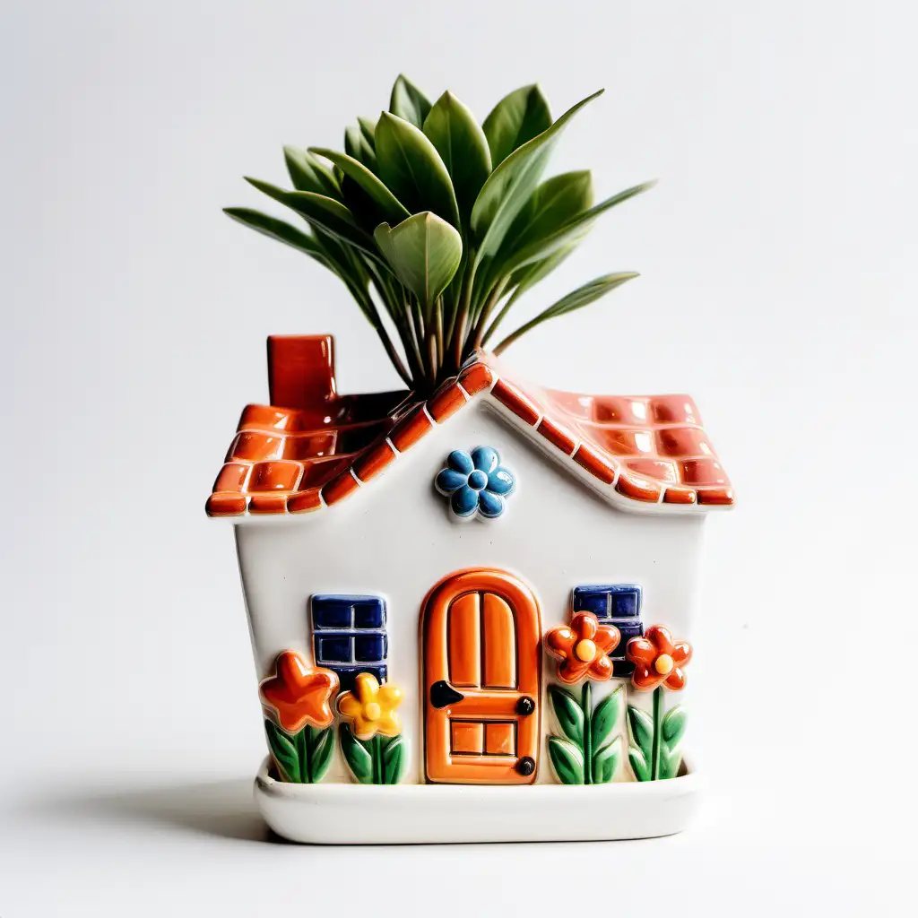Spring Ceramic House and Flowerpot on White Background