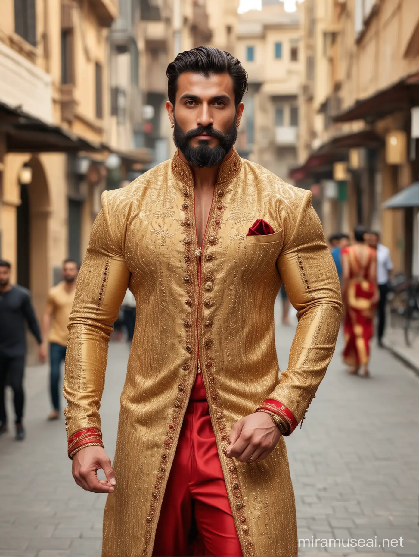 Tall and handsome bodybuilder men with beautiful hairstyle and beard with attractive eyes and Big wide shoulder and chest in designer golden and red sherwani with necklace and badges walking on street