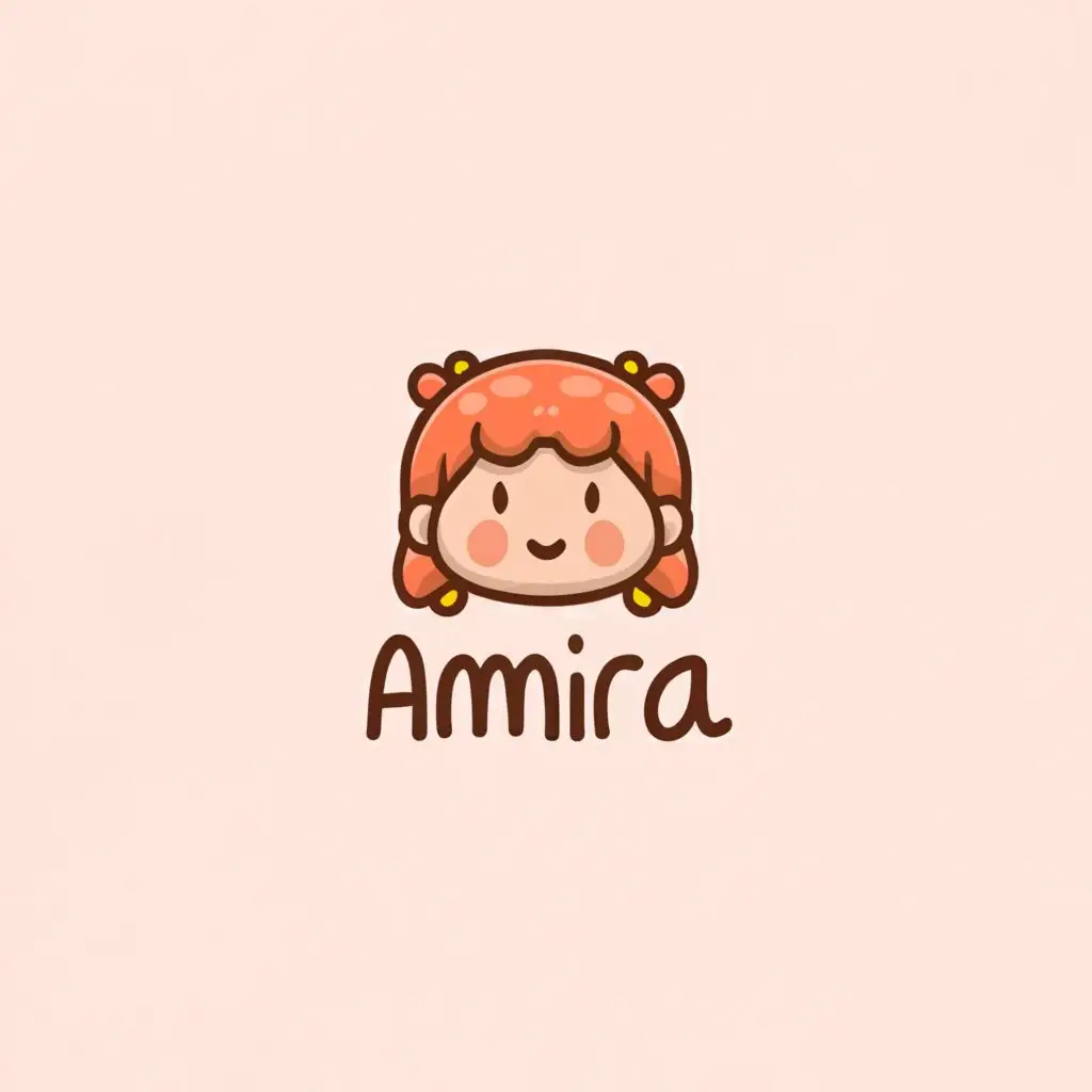 a logo design,with the text "Amira", main symbol:Chibi, girl, dot eyes, red hair, ponytail, freckles, pastels, cute, childish, Minimalistic, clear background,Minimalistic,clear background