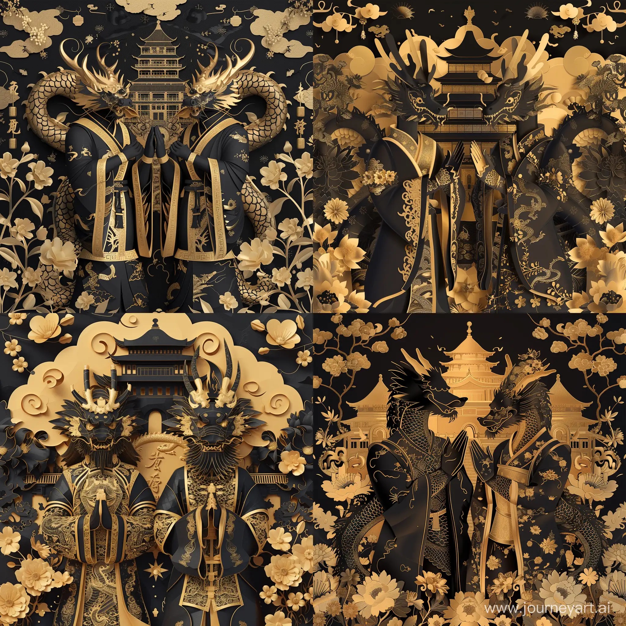 cut paper art of a A black and gold male dragon and a female dragon stand side by side, dressed in black golden Chinese court attire, with hands clasped together, bowing to the camera. The background is a black golden magnificent palace and blooming flowers, in high quality vector style