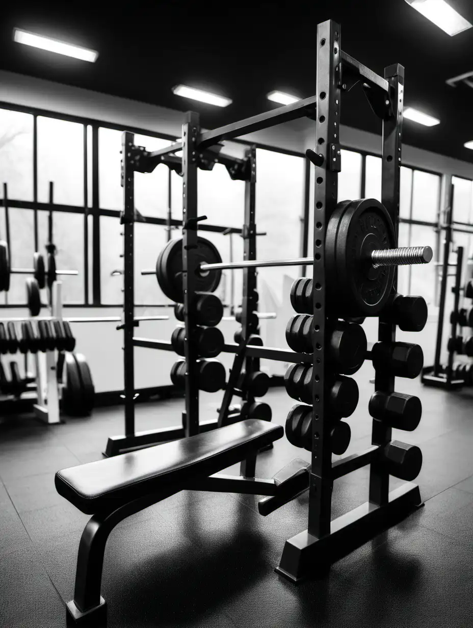 bench rack in a gym  black and white theme


