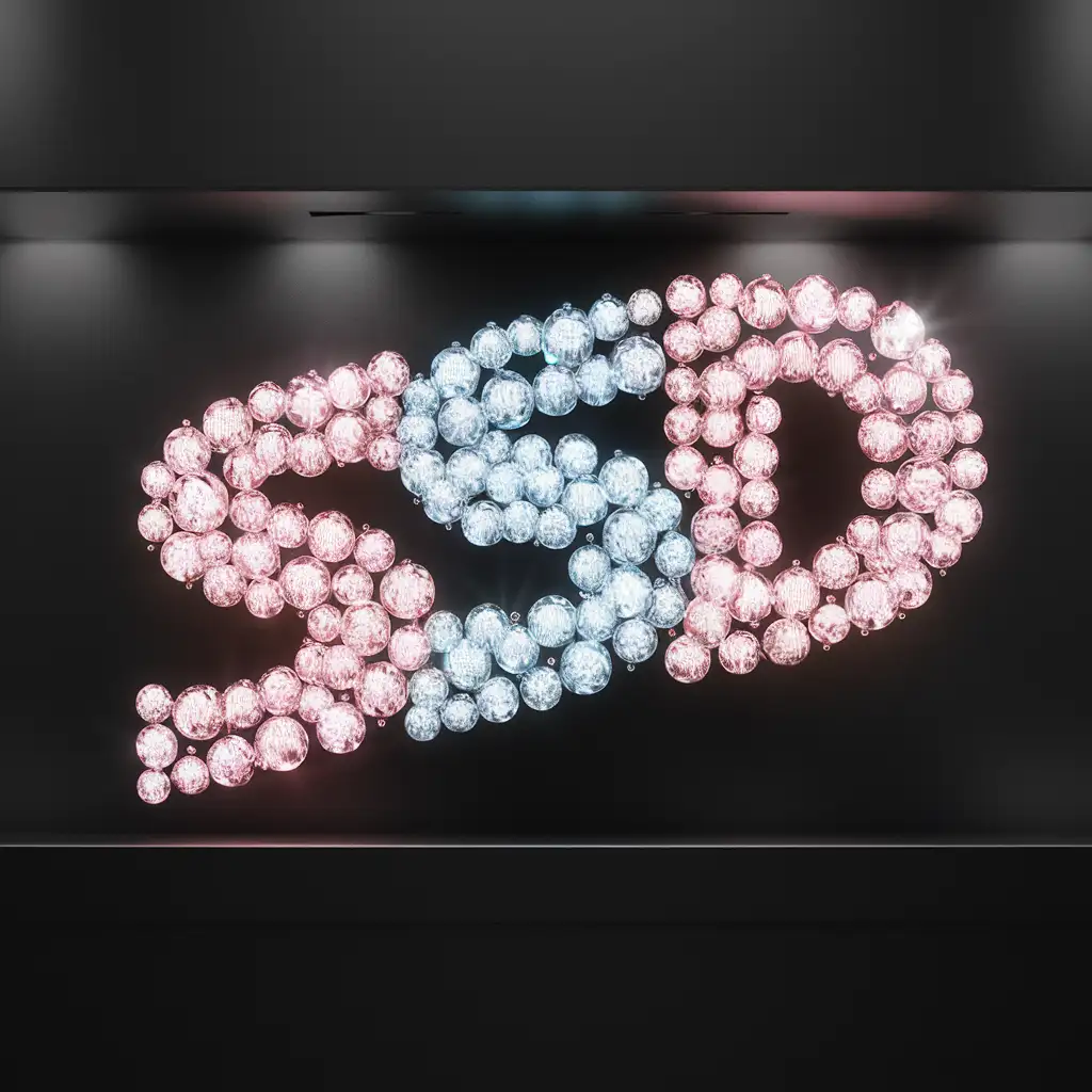 large-to-small slanted word art of "SSD" in 3d holographic diamonds. pink, baby blue, and white. cotton candy color. all black background.