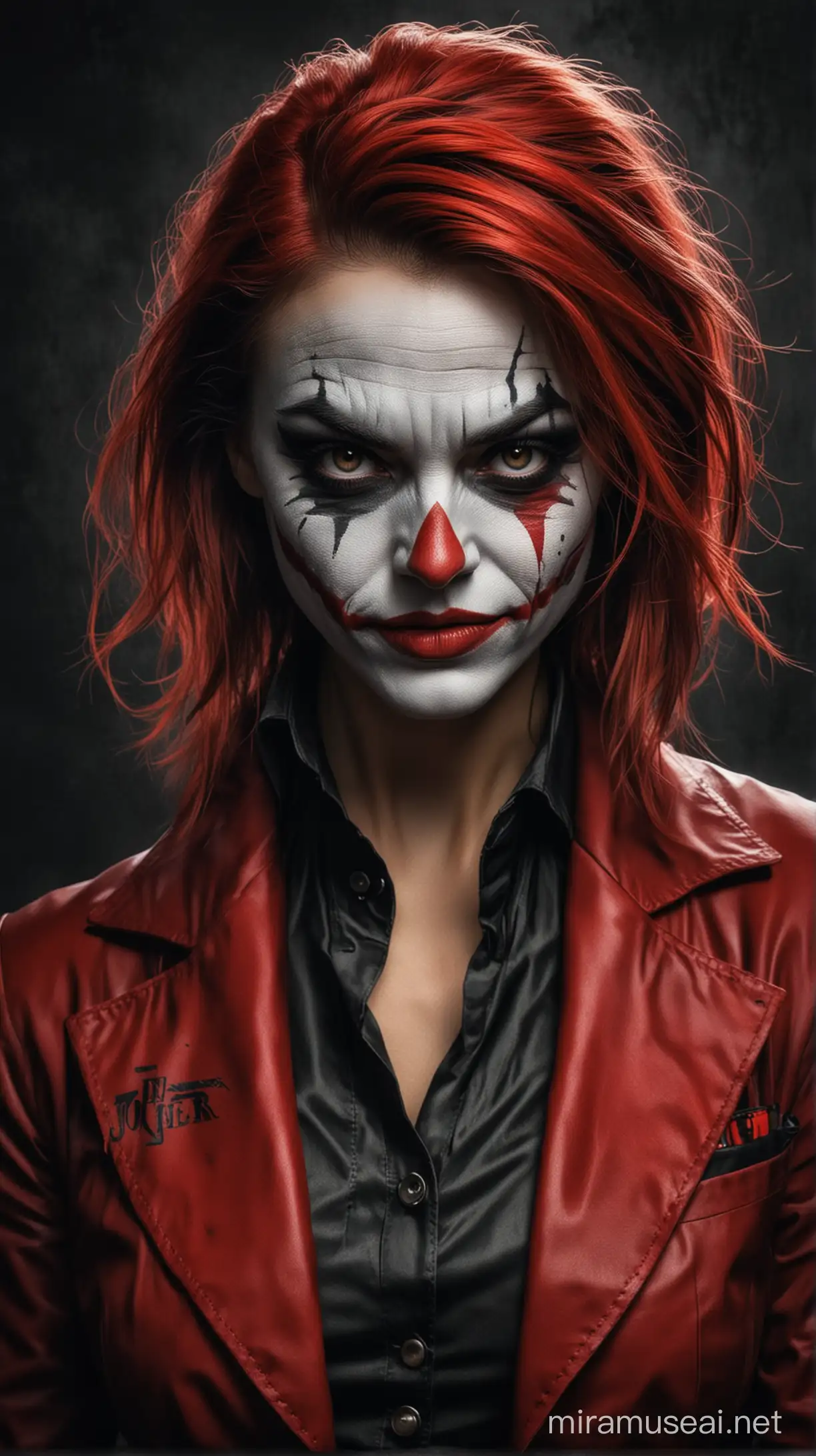 Create  A doctor of graphic desgin "female", make her face like "THE JOker" .. Use the colors "red,black"