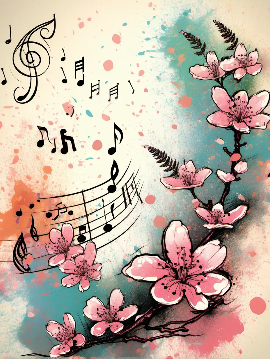 Vibrant Cherry Blossoms and Fern Leaves Sketch with Musical Notes