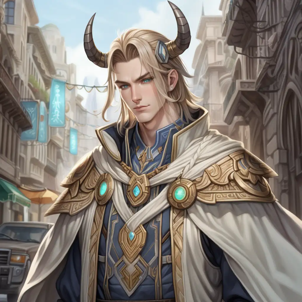 A 27-year old lithe man stands amidst a big city, he is clean-shaven with pale skin and has two little horns growing from his forehead. He has medium-length hair with a braid, adorned in simple accessories. His eyes are pallid, unseeing. His attire consists of a mix of rugged adventurer's gear and elements of mystical robes with intricate armor pieces that hint at his arcane abilities. He has a cape. Around his neck, he wears a prominent, ancient amulet, glowing subtly. 