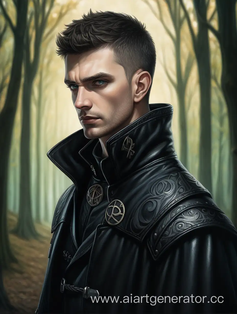 Medieval-Man-in-Black-Leather-Coat-with-Circles-Under-Eyes-in-Forest
