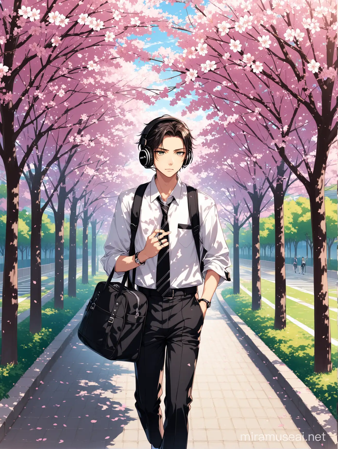 A handsome, mysterious teenage boy. His hair is black and tied back. He wears eyeliner, a black earring, and a ring on his lower lip. He has a sleepy look in his eyes. He wears black headphones, wears vans black shoes and wears rings on his fingers. Wearing a school uniform and carrying a black bag on his shoulder, he is walking along the school path with sakura trees on the side, and all of this is happening in Tokyo, Japan.