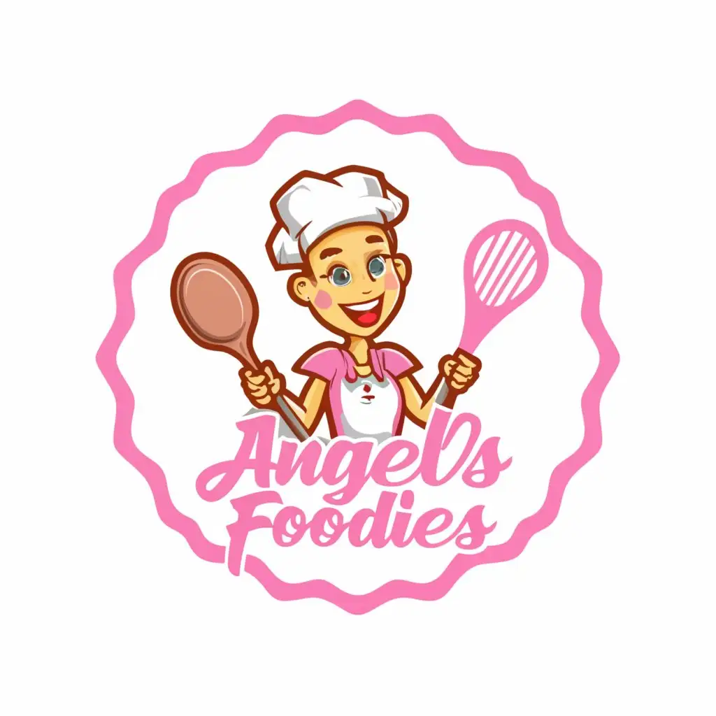 a logo design,with the text "Angels Foodies", main symbol:3D girls chef while smile, circle logo, inside the name and image, colourful, easy to recognise the logo, white and pink combine, please insert properly name of logo name,Minimalistic,be used in Restaurant industry,clear background
