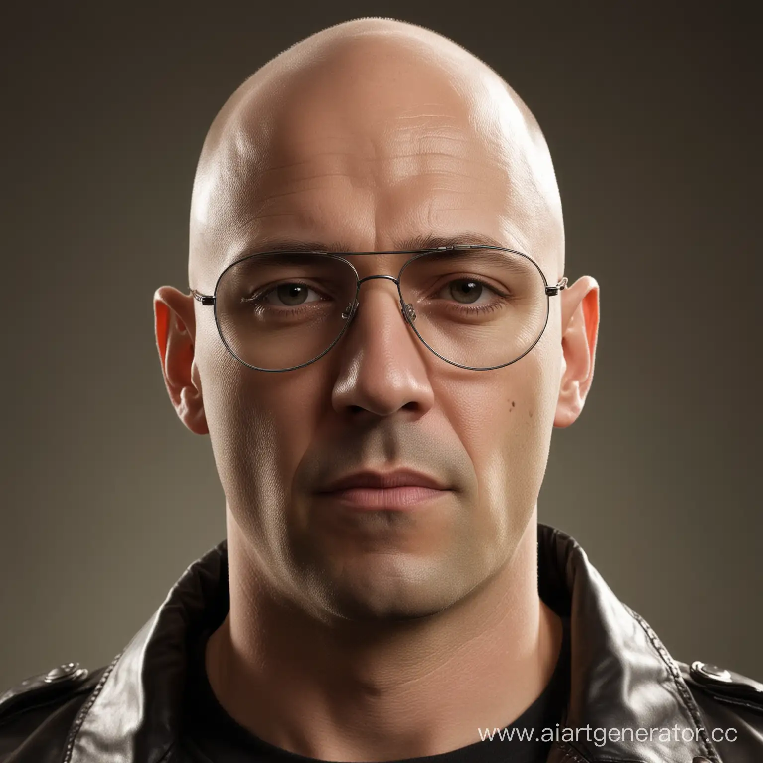 Generate a mugshot of a bald man sporting aviator glasses atop his head, clad in a black leather jacket. His gaze should convey defiance and nonchalance. Illuminate his facial contours for depth against a dim, gritty urban backdrop. Capture his enigmatic aura, leaving viewers intrigued by his unconventional style and rugged demeanor.