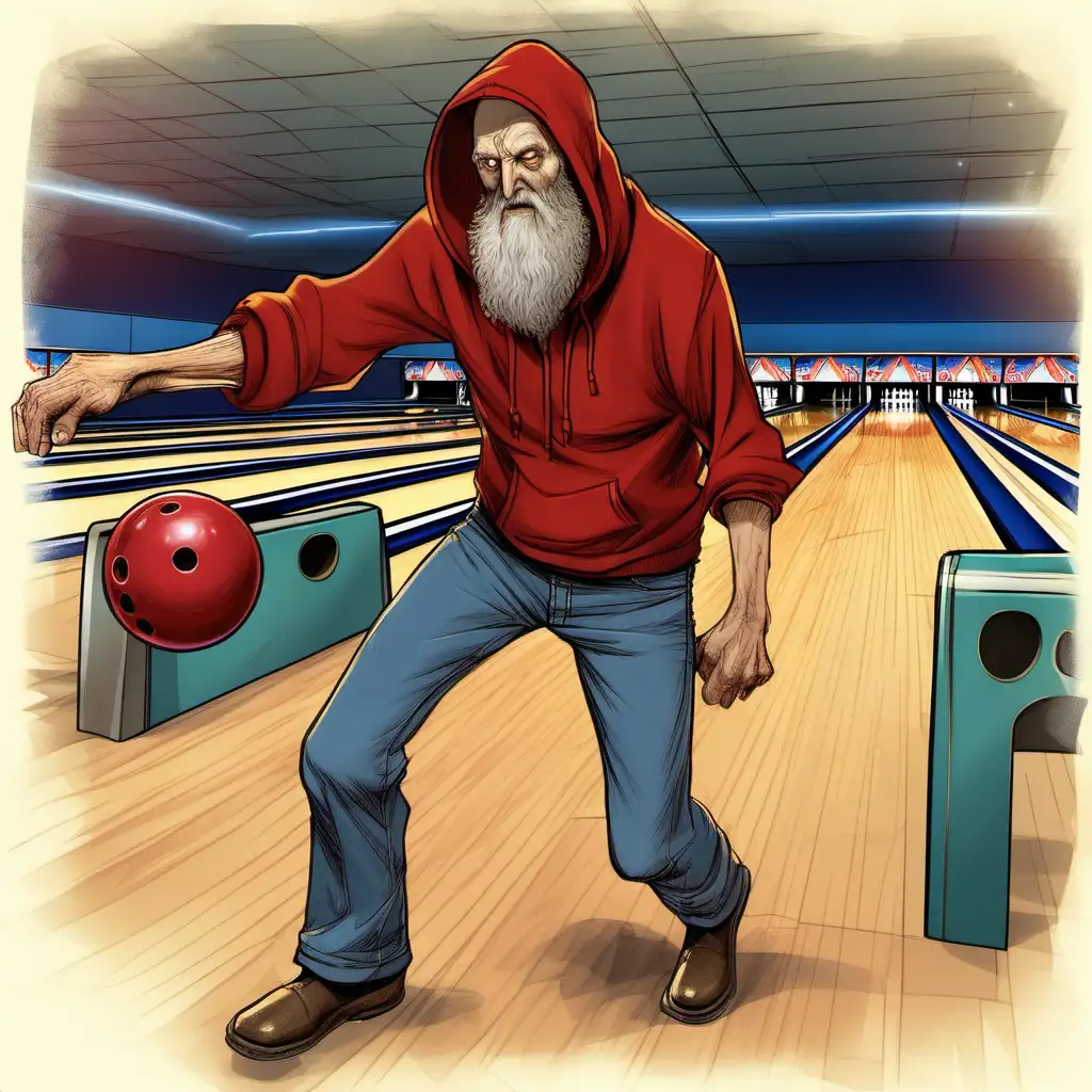 Deckard Cain Bowling in Casual Red Hooded Sweatshirt and Jeans