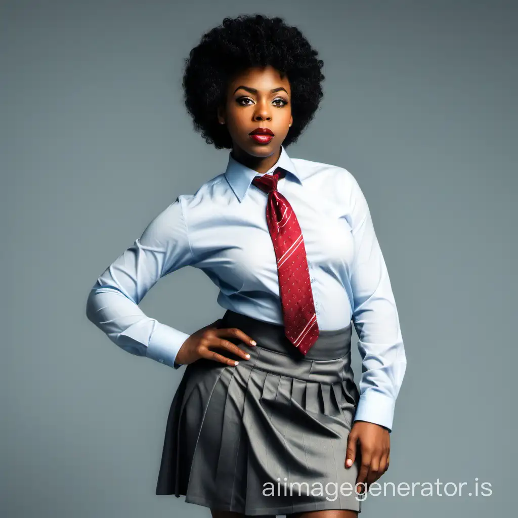 photo of black woman, dressed with shirt, necktie and skirt
