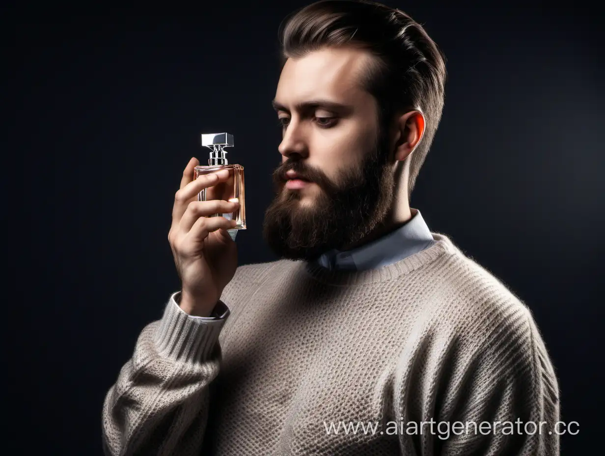 Confident-Bearded-Man-in-Sweater-Holding-Perfume-Bottle