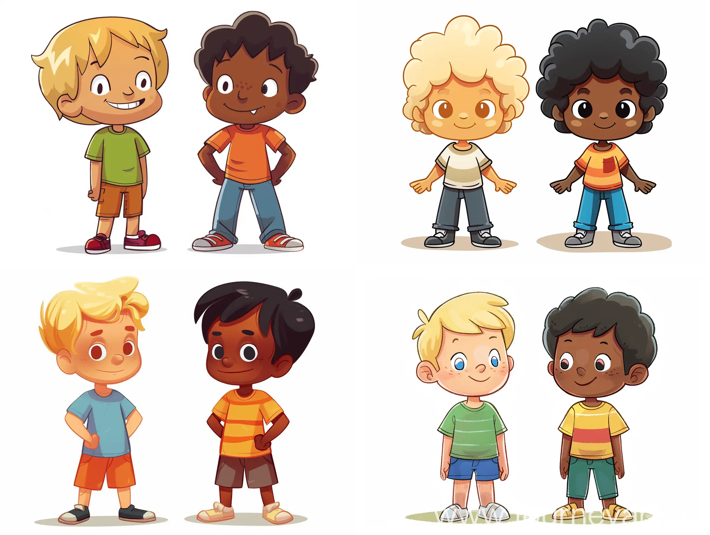 Two brothers, one with light skin and blond hair and the other with black hair and dark skin, cartoon, children, both brothers are ten-year-old children.