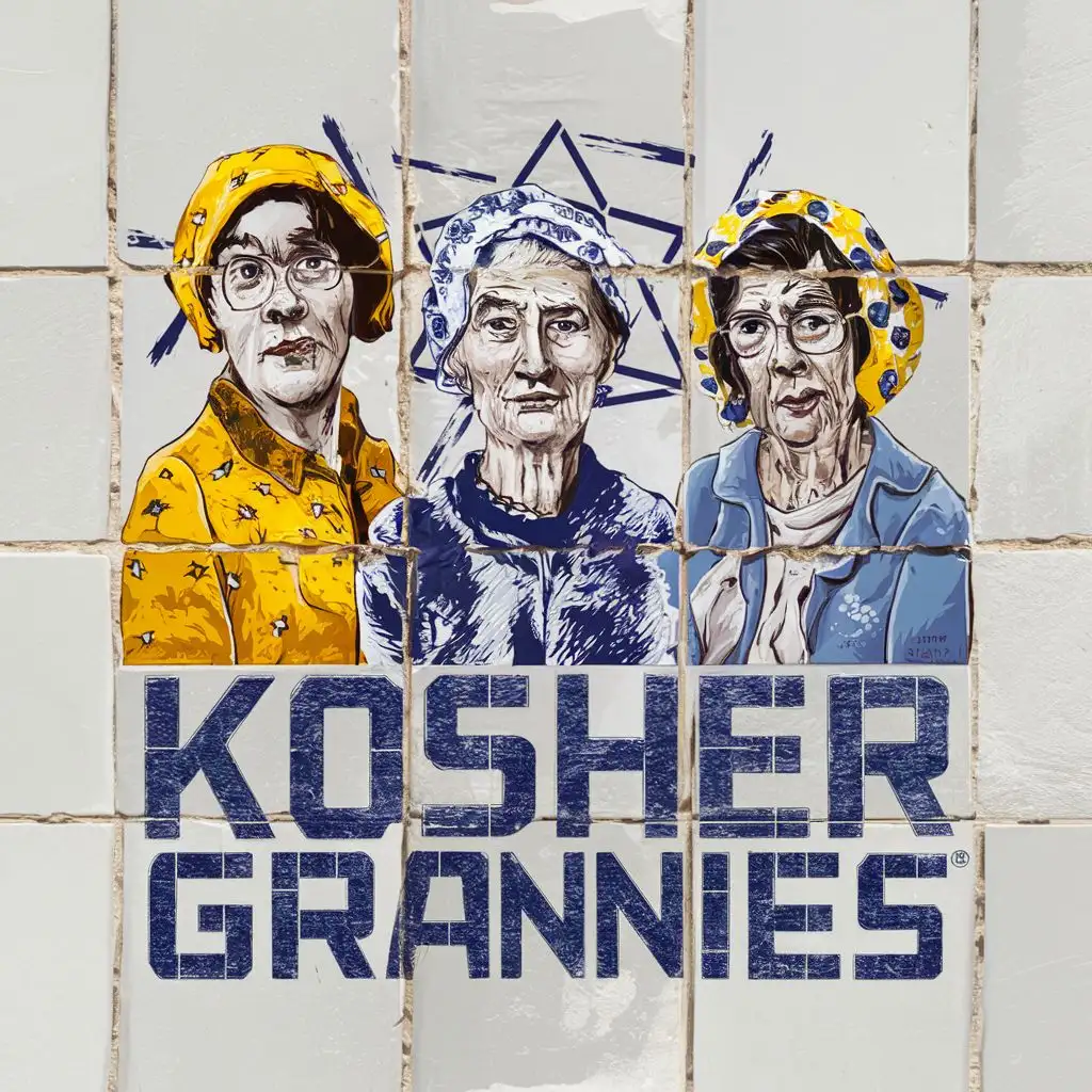 LOGO-Design-for-Kosher-Grannies-Yellow-Blue-White-with-Israeli-Tiles-and-Jewish-Headcover-Theme