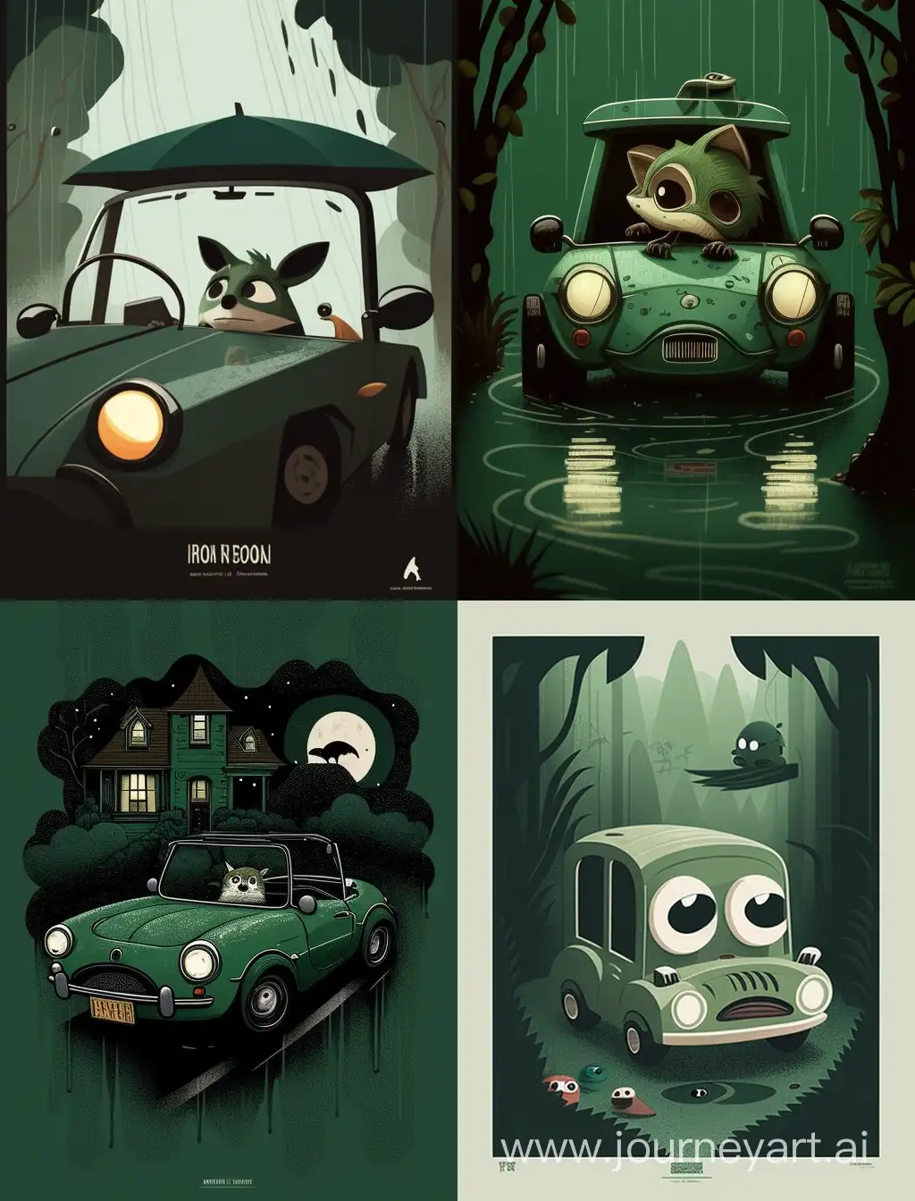 Sad raccoon driving a dark green Mazda MX-5 drawn in style of the movie "My neighbour Totoro"