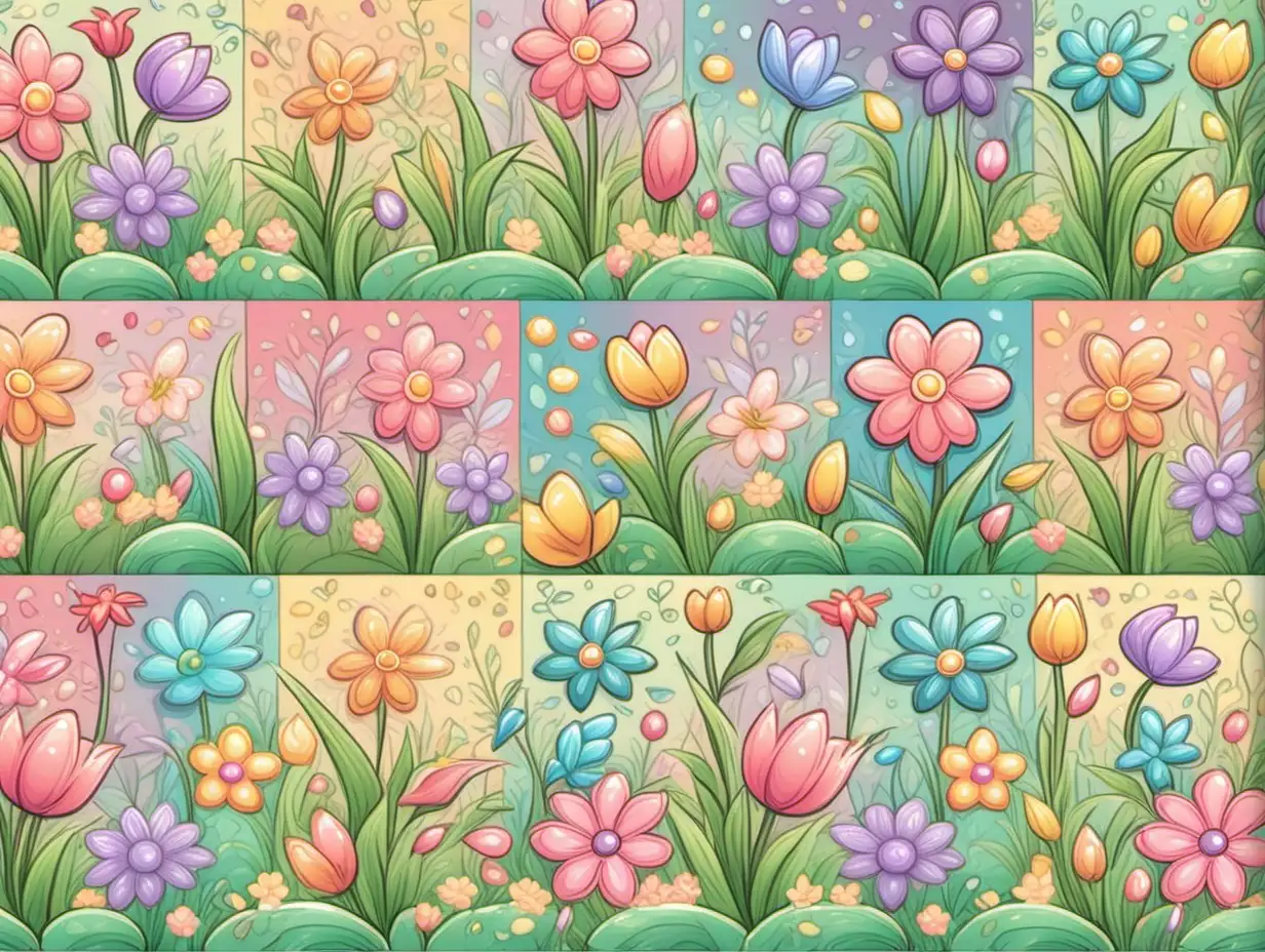 fairytale,whimsical,
cartoon, clipart,
 pastel, spring flowers,seamless colorful pattern, 
repeating textures,  vibrant hues --tile --theme, 
