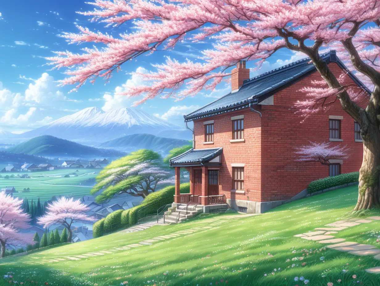 Amazing, breathtaking ,picturesque a red old brick house  location on the hill in the countryside, grass on the yard, cherry blossom tree in front of the yard,  grass full of beautiful different flowers, very beautiful sky, pixelart, realistic landscape painting , trending pixiv style, makoto shinkai style, ghibli studio style, acrylic palette colors, render, full shot, super detailed painting, 8k, best quality, --ar niji 6.0, photography style