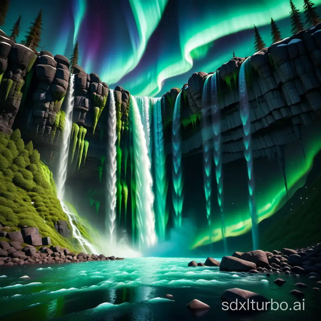 realistic, fantasy, magic, waterfall, water made of aurora borealis