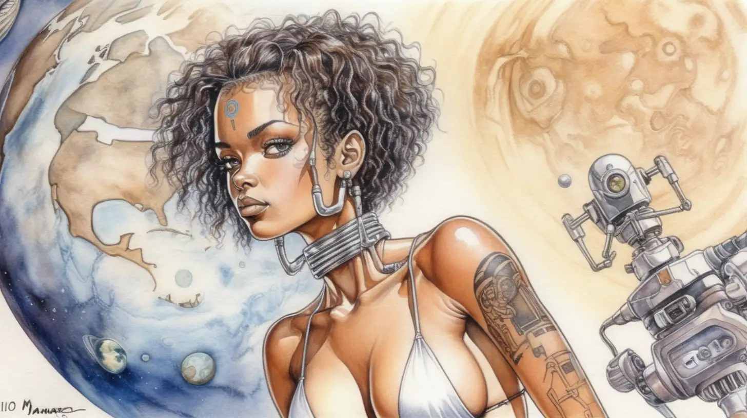 Futuristic Mulatto Cyborg Woman with Sexy Tattoos on Planetary Surface