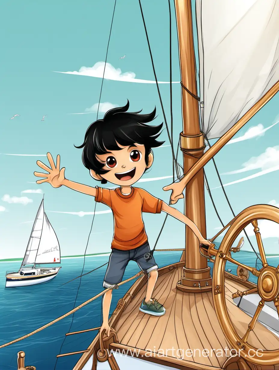 мальчик с черными волосами управляет яхтой и машет рукой