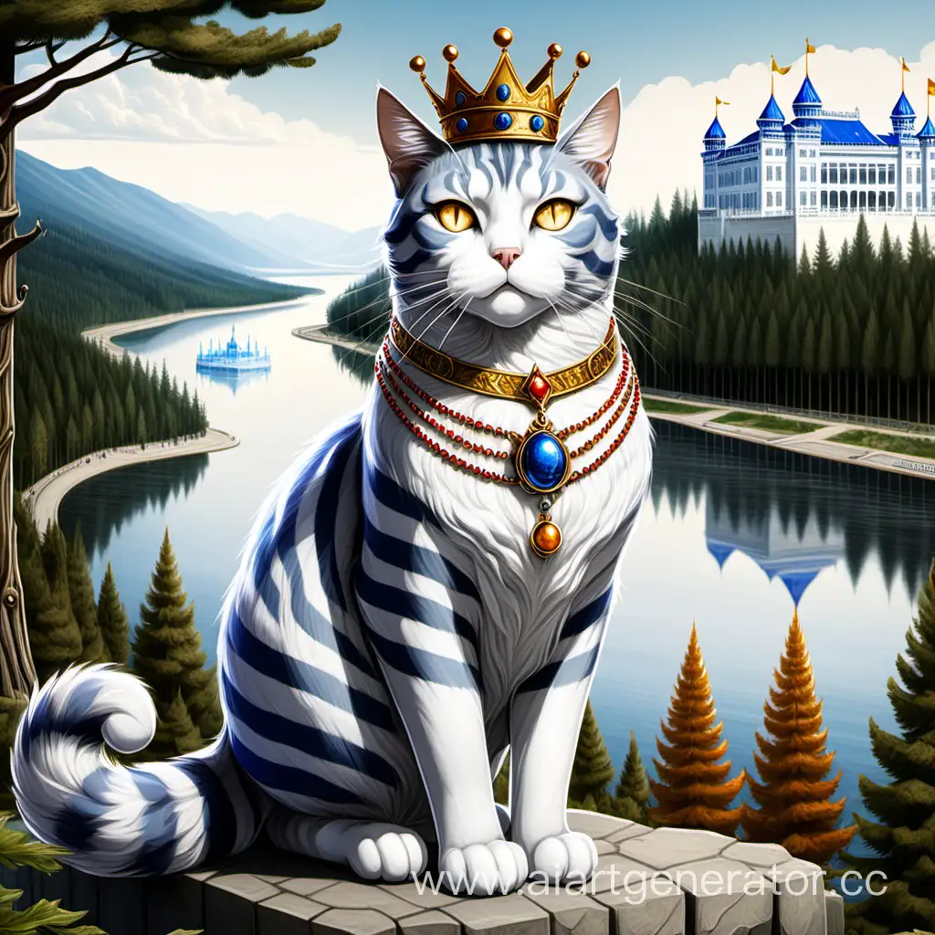 Огромный кот-гигант, полосатый, серо-белый, с янтарными глазами. На фоне реки, хвойного леса и сине-белого дворца. В короне, с синим амулетом на шее. 