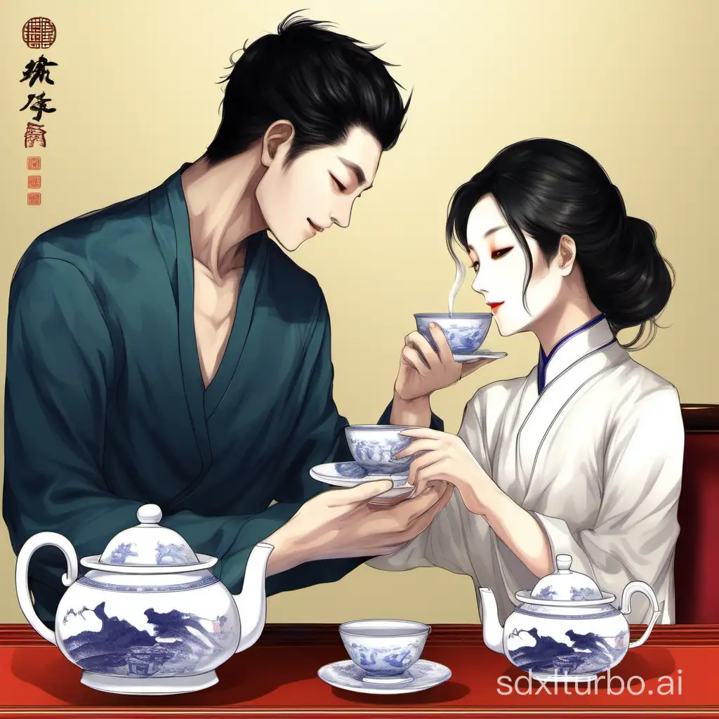 Lovers extend both hands to drink Tieguanyin tea.