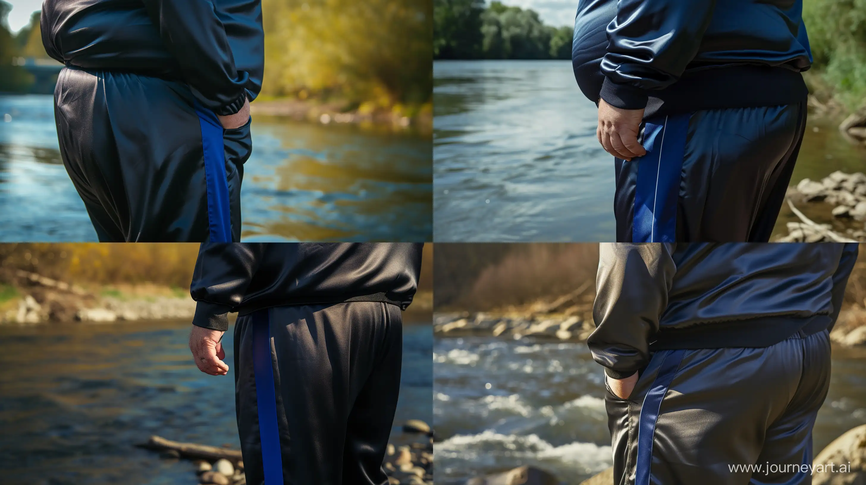 Close-up photo of a fat man aged 60 wearing a silk navy tracksuit with royal blue strip on the leg. Natural Light. River. --style raw --ar 16:9