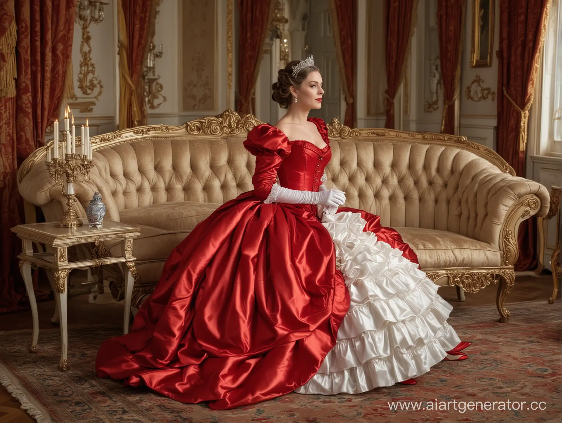 Regal-Empress-in-Crimson-Opulent-Dress-and-Sunny-Ambiance