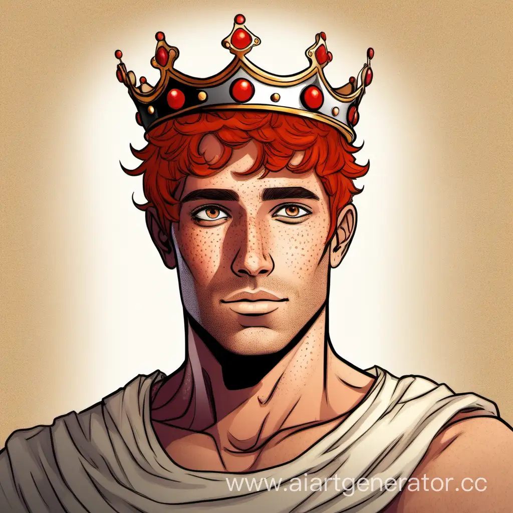 Нарисованный красивый загорелый мужчина с короткими рыжими волосами и тёмно-карими глазами, на его голове корона у него веснушки и нет бороды
