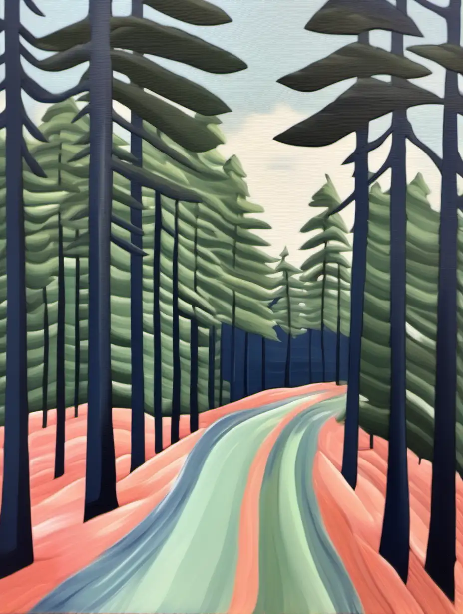 Oil painting, modern, Tall Pines, Winding Road, navy, salmon, sage, and mint color palette