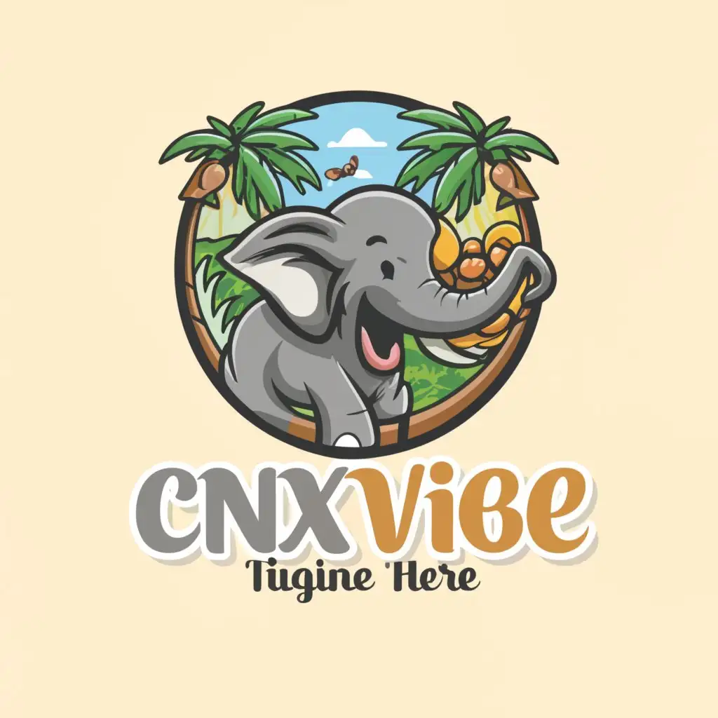 a logo design, with the text CNX VIBE, main symbol: cute happy baby elephant, moderate, be used in travel industry, clear background, Modern font, jungle theme, green mountain forest, Thailand, Chiang Mai, Doi Suthep, Clear background