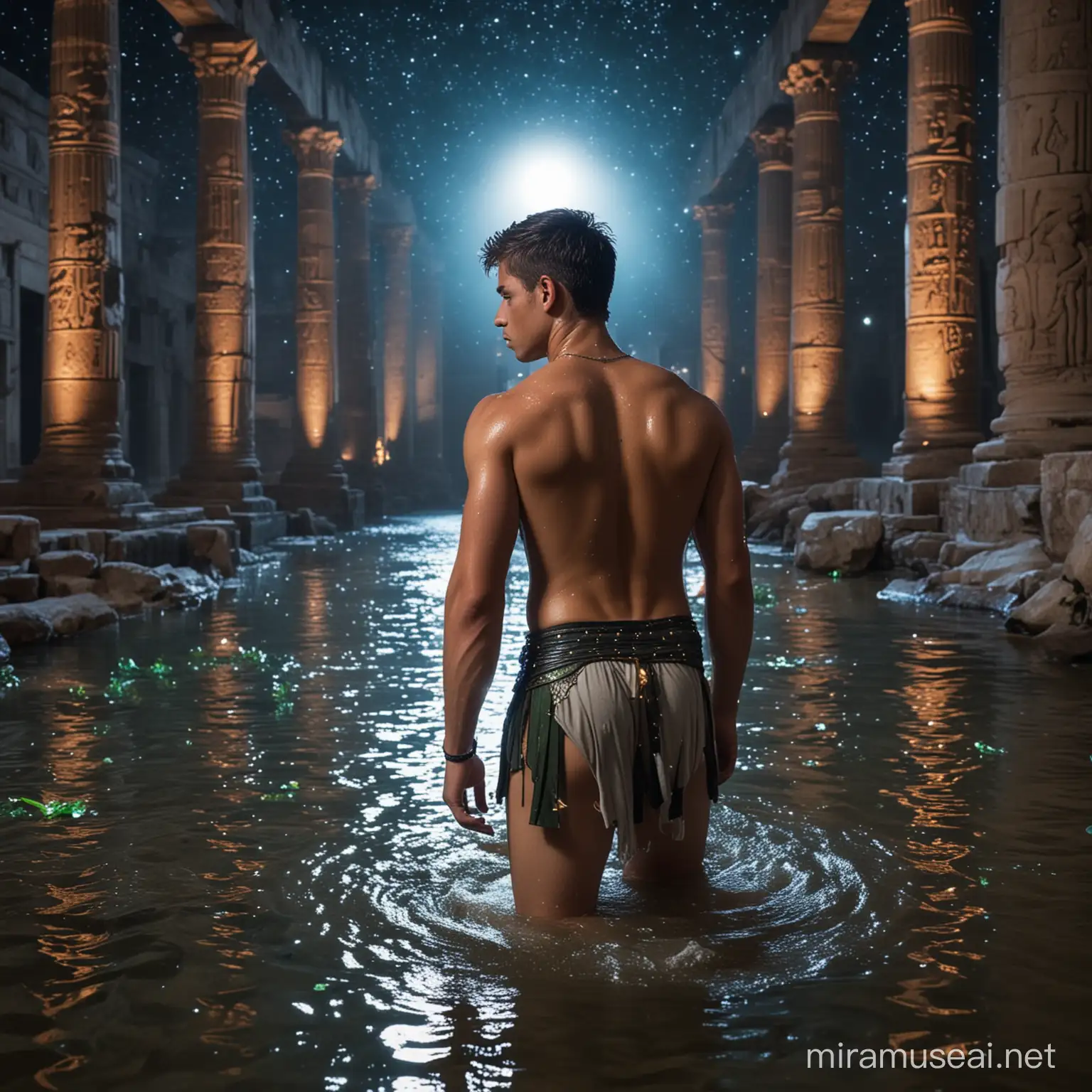 Seen from behind. Sexy sweaty wet muscular young teen boy with shaved hairdress with green eyes tanned skin, crouching wit his feet in the water of an oasis. Dressed as a roman soldier shirtless. In the ruins of a egyptian temple. At night. The sky is full of stars with a huge galaxy. Blue neon colors ambient.