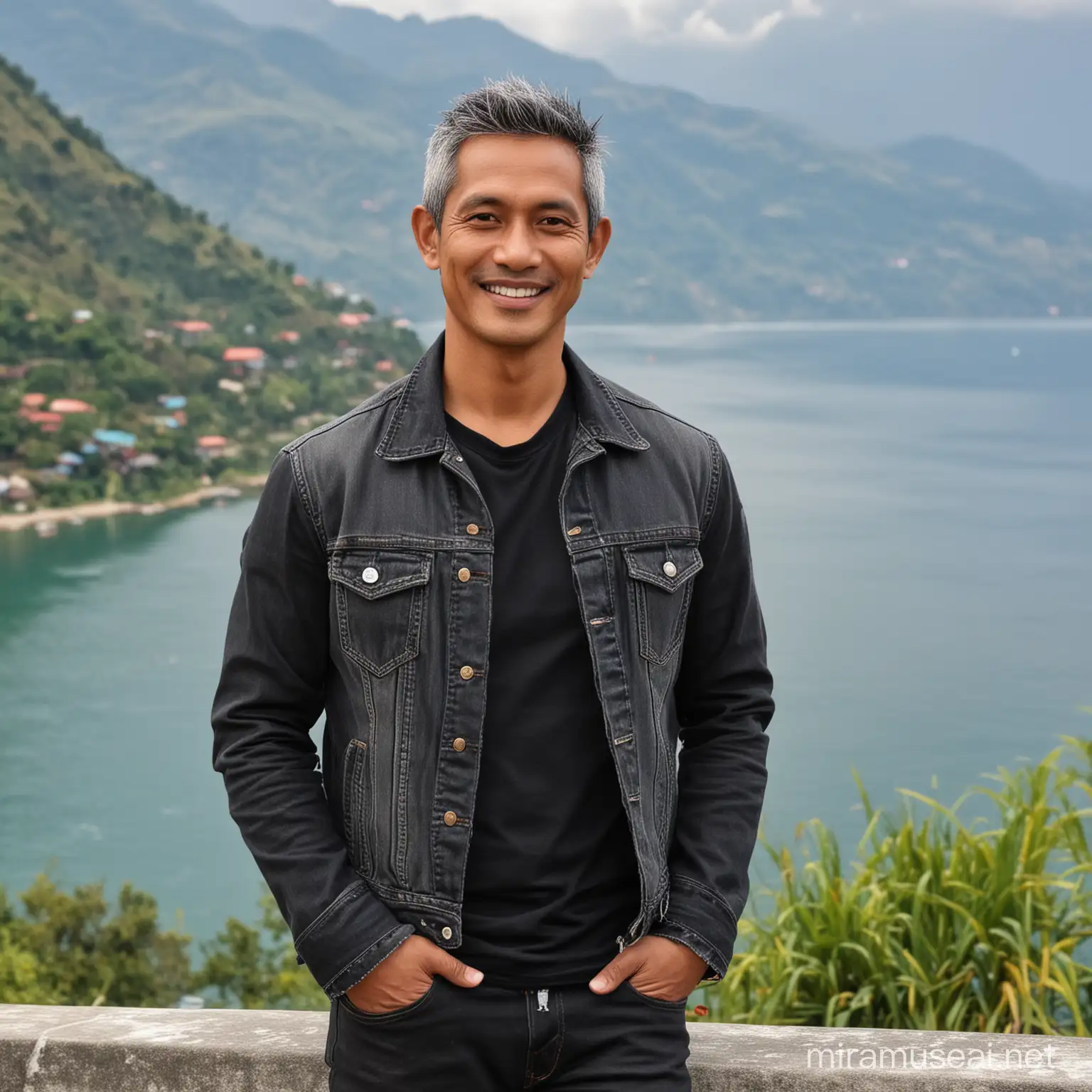 Make me an impressive half body picture of an extremely attractive 45 year old indonesian handsome man with gray hair, wearing black shirt mix jeans jacket, in elegant masculine pose, smiling, Indonesia in front of lake toba, north sumatera, indonesia the photo is taken in beautiful daytime weather, tetrahedron colors, high quality background, ultra-detailed scenery, ultra-sharp focus.