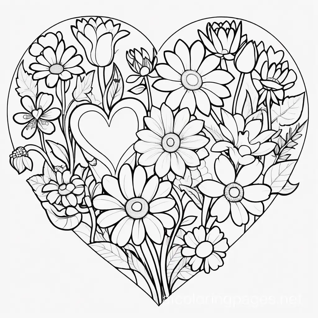 coloring book for children, different flowers around two hearts, detailed, in a simple cartoon style, black and white, dashed graphics, white background, simplicity, enough white space, in a simple cartoon style, isolated, Coloring Page, black and white, line art, white background, Simplicity, Ample White Space. The background of the coloring page is plain white to make it easy for young children to color within the lines. The outlines of all the subjects are easy to distinguish, making it simple for kids to color without too much difficulty