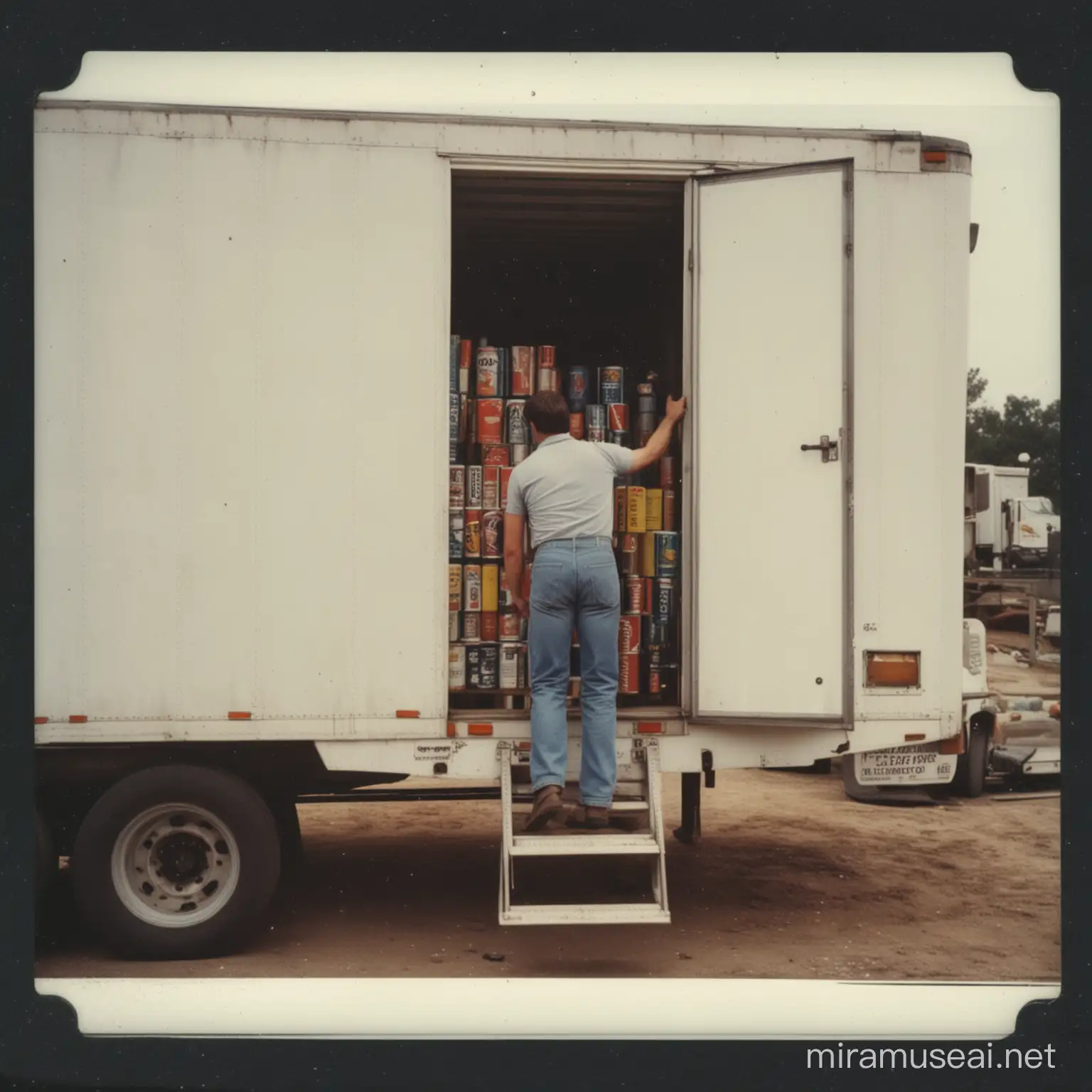  Polaroid picture from the 1980s. A guy opens a semi trailer door, you can see cans that say clearly "Farts". 