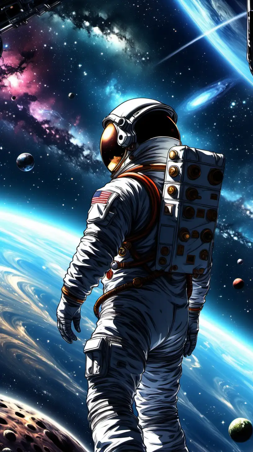 space-themed artwork, a austronaut looking to world, anime style, key visual, vibrant, studio anime, highly detailed, a mysterious image, magical, fantasy, cosmic, dark. cosmic, celestial, stars, galaxies, nebulas, planets, science fiction, highly detailed