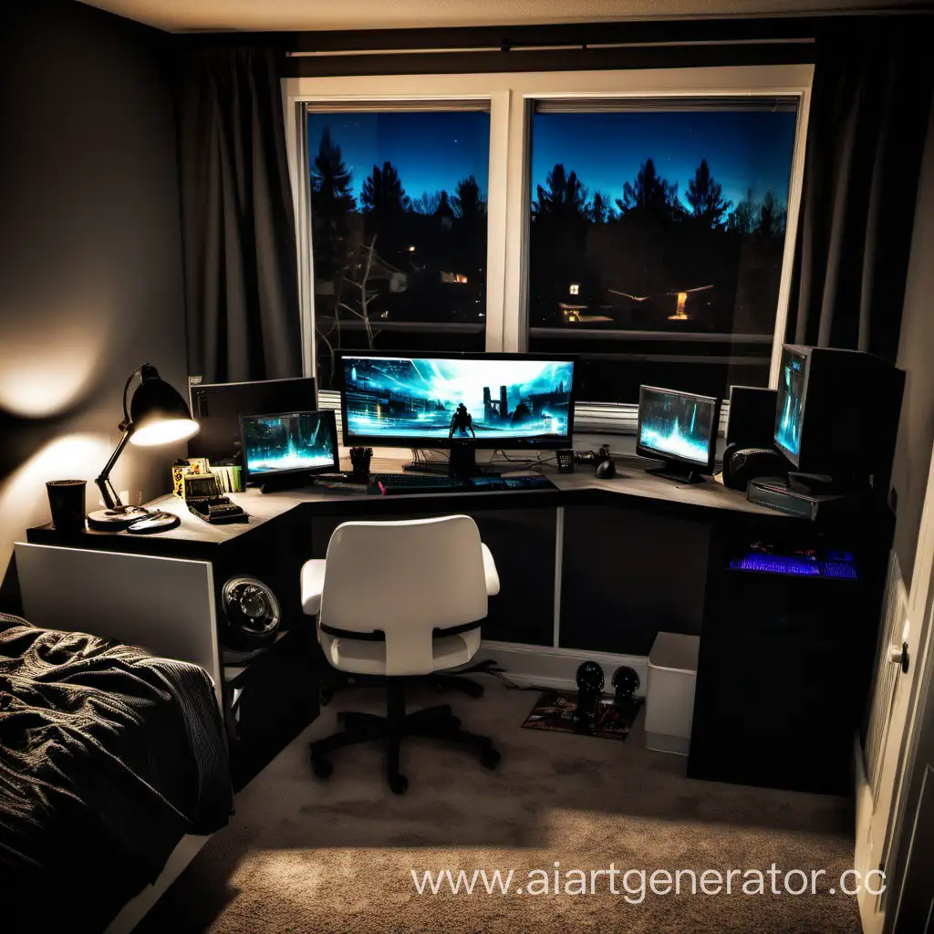 Комьютерный стол, с Игровым компьютером, комната подростка мальчика, за окном ночь