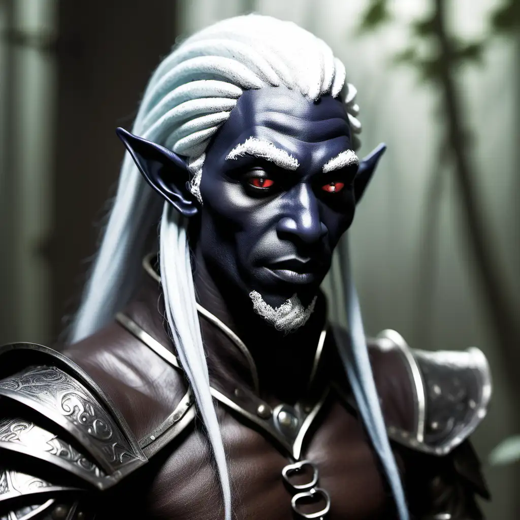 Show me an elf drow, with long and straight corvine hairs and ebony skin. He wears a blindfold on his eyes. He's in symbiosis with fungi, that give to him a very thin perception. I want his full body with dark leather armoured