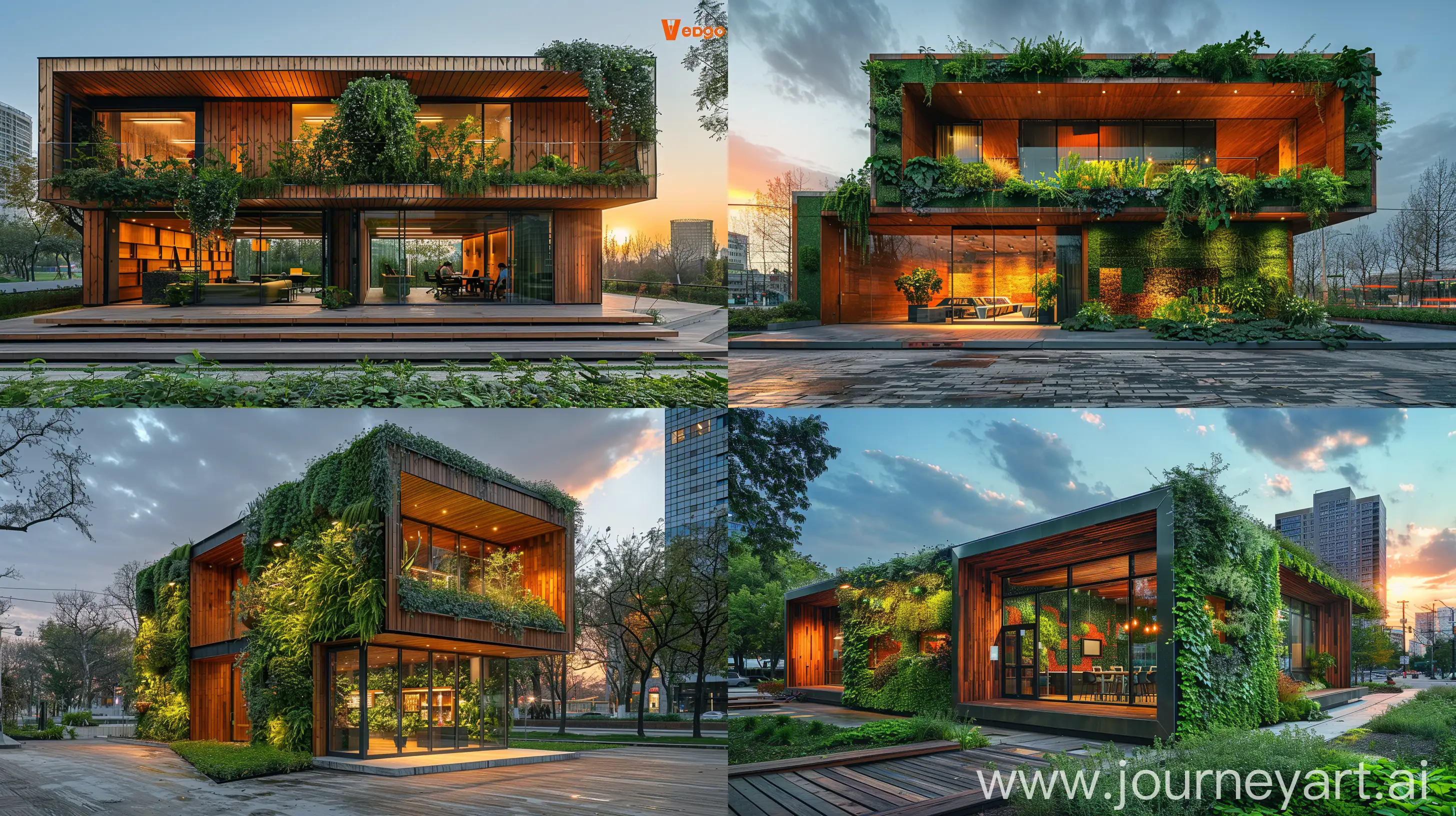contemporary architecture, bioinspired student pavillon for coworking, wooden facade with greenery, plaza in a urban landscape, ground-shot view at sunset --ar 16:9 --chaos 0 --stylize 500