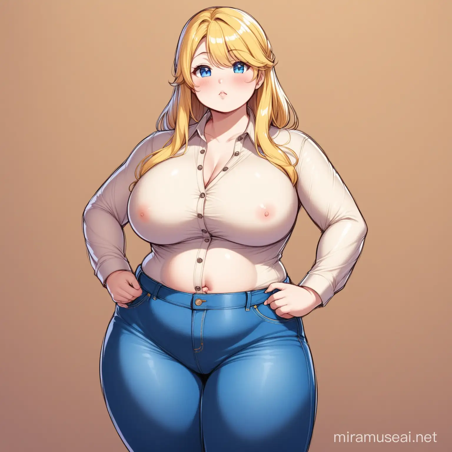 pudgy, blonde, tight clothes, jeans, blue eyes, button up, belly out