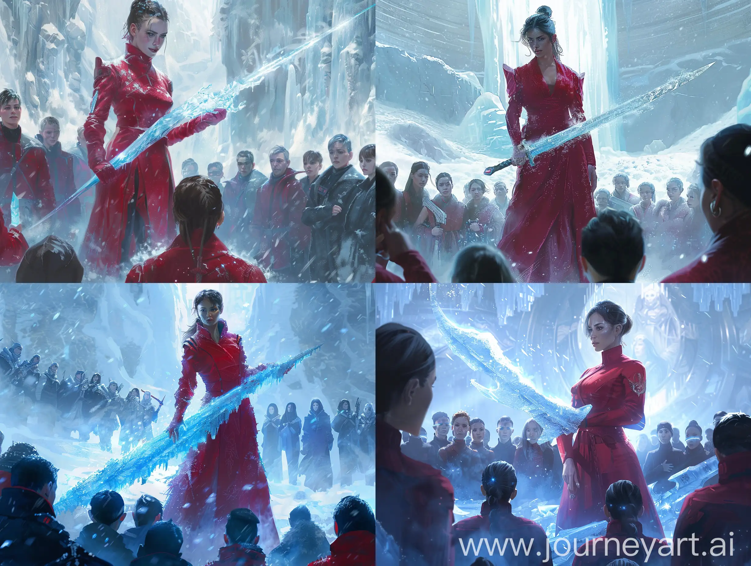 In the ethereal realm of futuristic ice world harmony, the woman stands resolute in her crimson attire, a beacon of strength and leadership amidst the frozen expanse. With a sword forged from shimmering ice cradled in her hand, she embodies both grace and power, ready to defend her companions and preserve the tranquility of this celestial domain. The crowd surrounding her, their faces aglow with reverence, symbolizes the unity and solidarity of this icy world community. As the icy winds whisper tales of ancient heroism, the woman's presence ignites a sense of hope and determination, casting a luminous aura of harmony across the crystalline landscape.