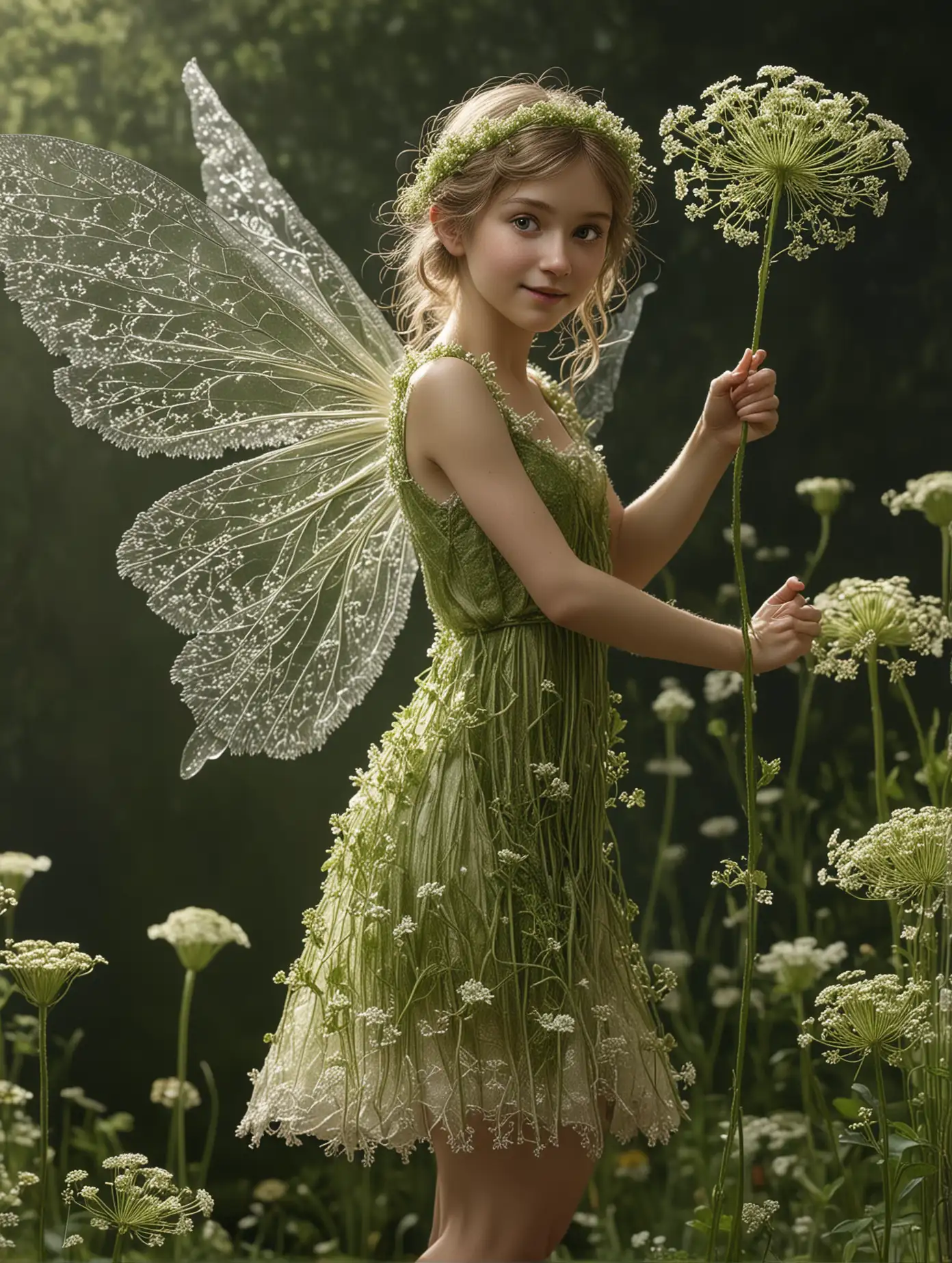 Cicely Mary Barker's Flower Fairies come to life in hyper-realistic, 4k, extremely detailed, full-body photograph of the Queen Anne's Lace Flower Fairy.