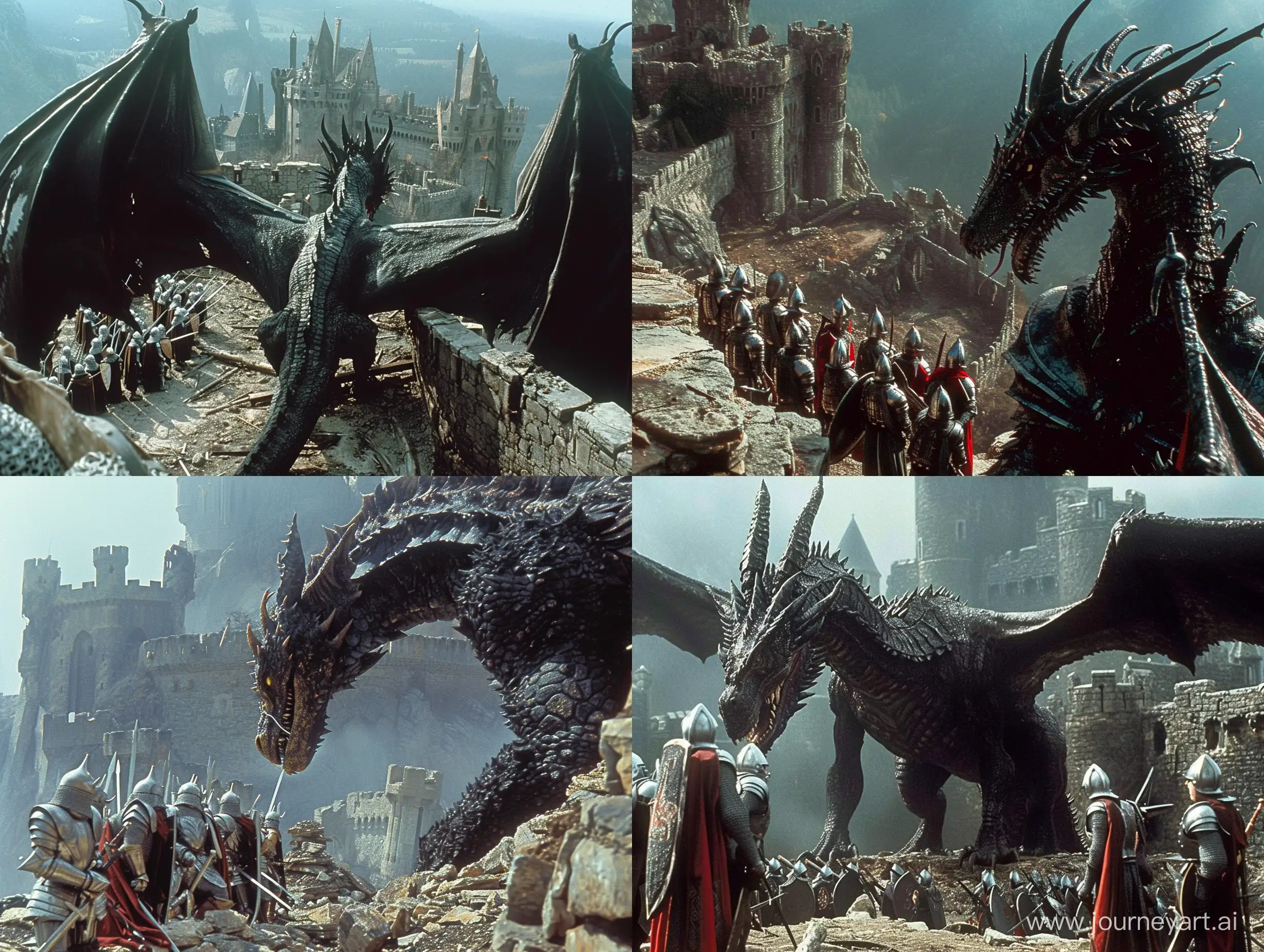 dvd screenengrabs character/arx fatalis giagantic acidic black dragon looking down on a group of knights purched a top a destroyed castle keep dark fantasy 1980 style