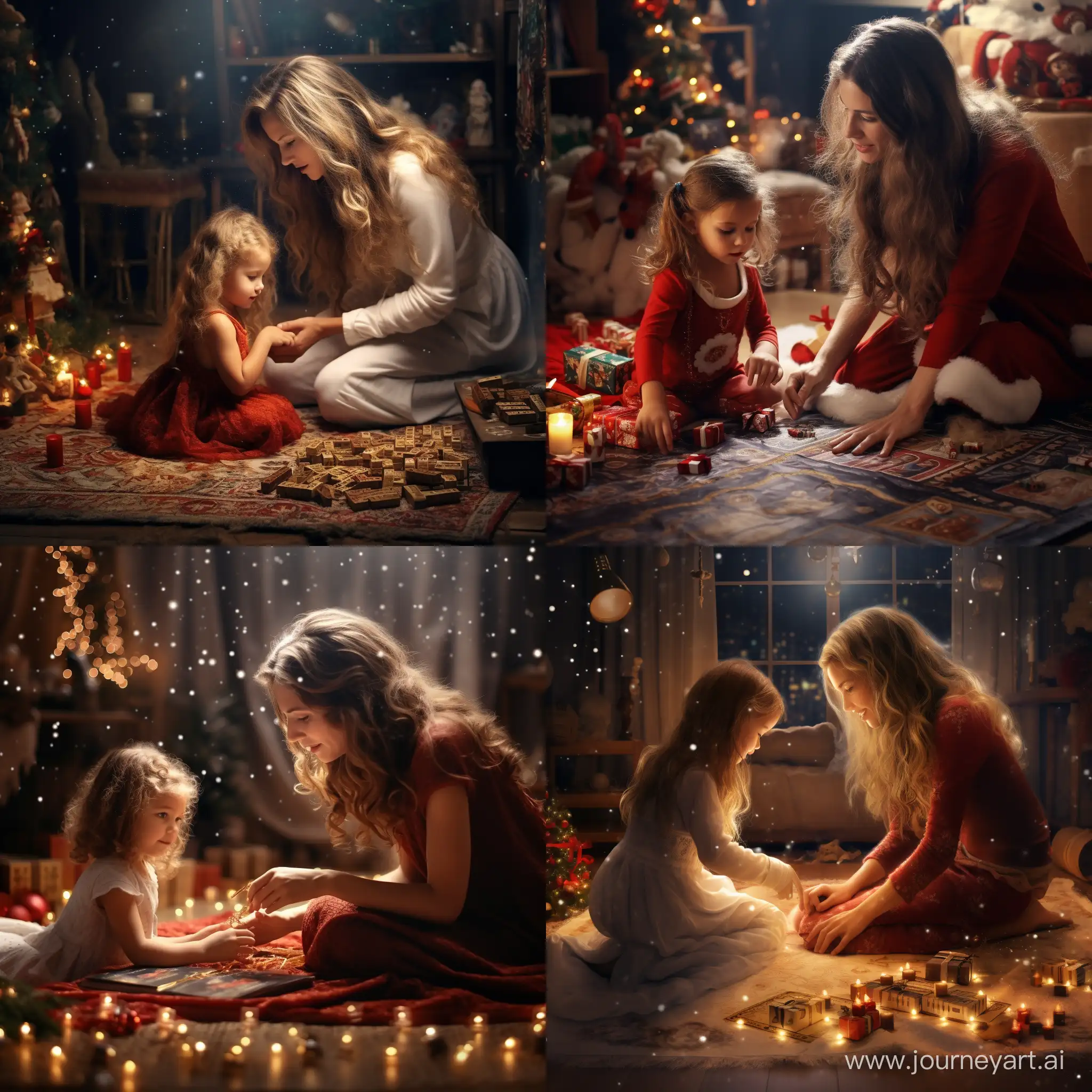 圣诞节小女孩和母亲在地毯上做游戏