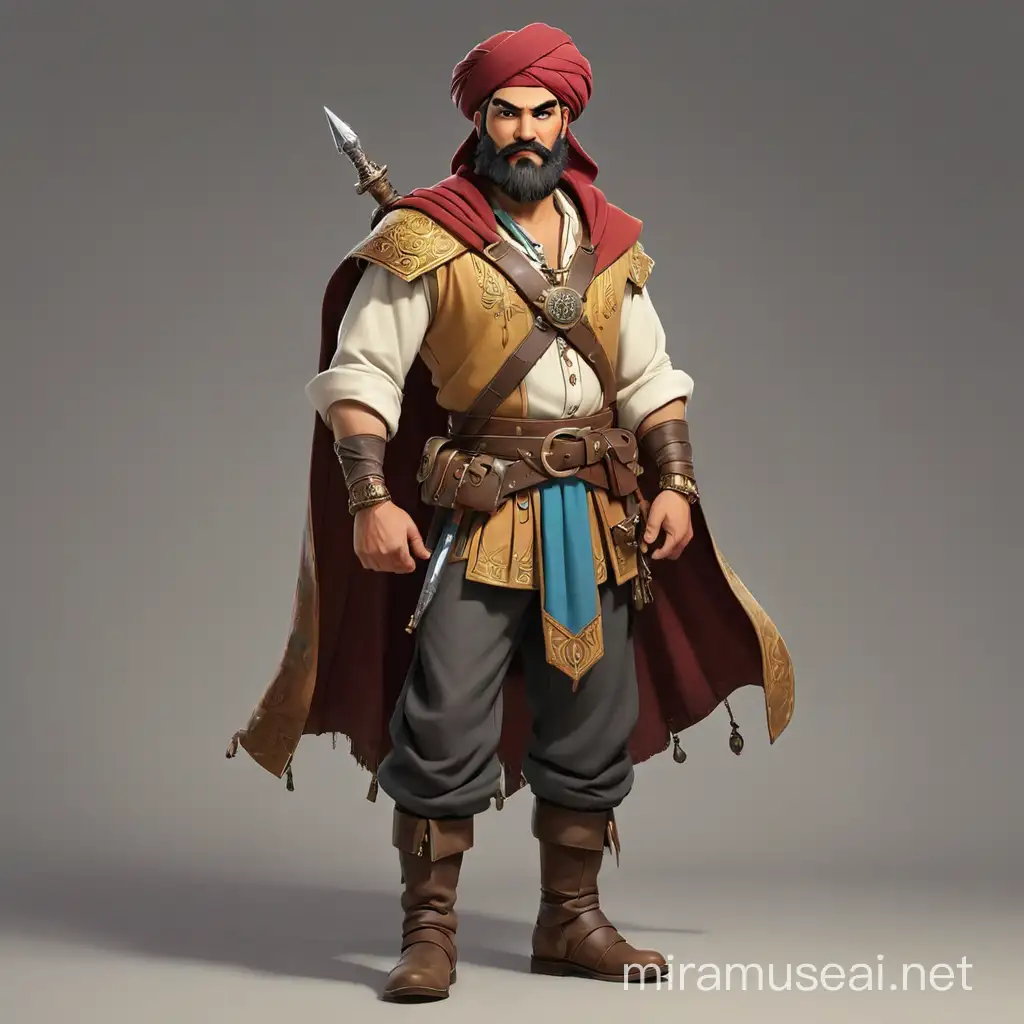 uropean and american cartoon,navigator,Concept art,hand-drawn drawings,Persian costumes,exotic styles,solo,black beard,male focus,standing,full body,turban,gem,boots,simple background,looking at viewer,grey background,armor,((hand with dagger:1.2)),jewelry,mustache,long sleeves,pants,sheathed,cape,hat,navigation map,(paintbrush:1.1),leather bag,(compass:1.1),(drawing tool:1.2),